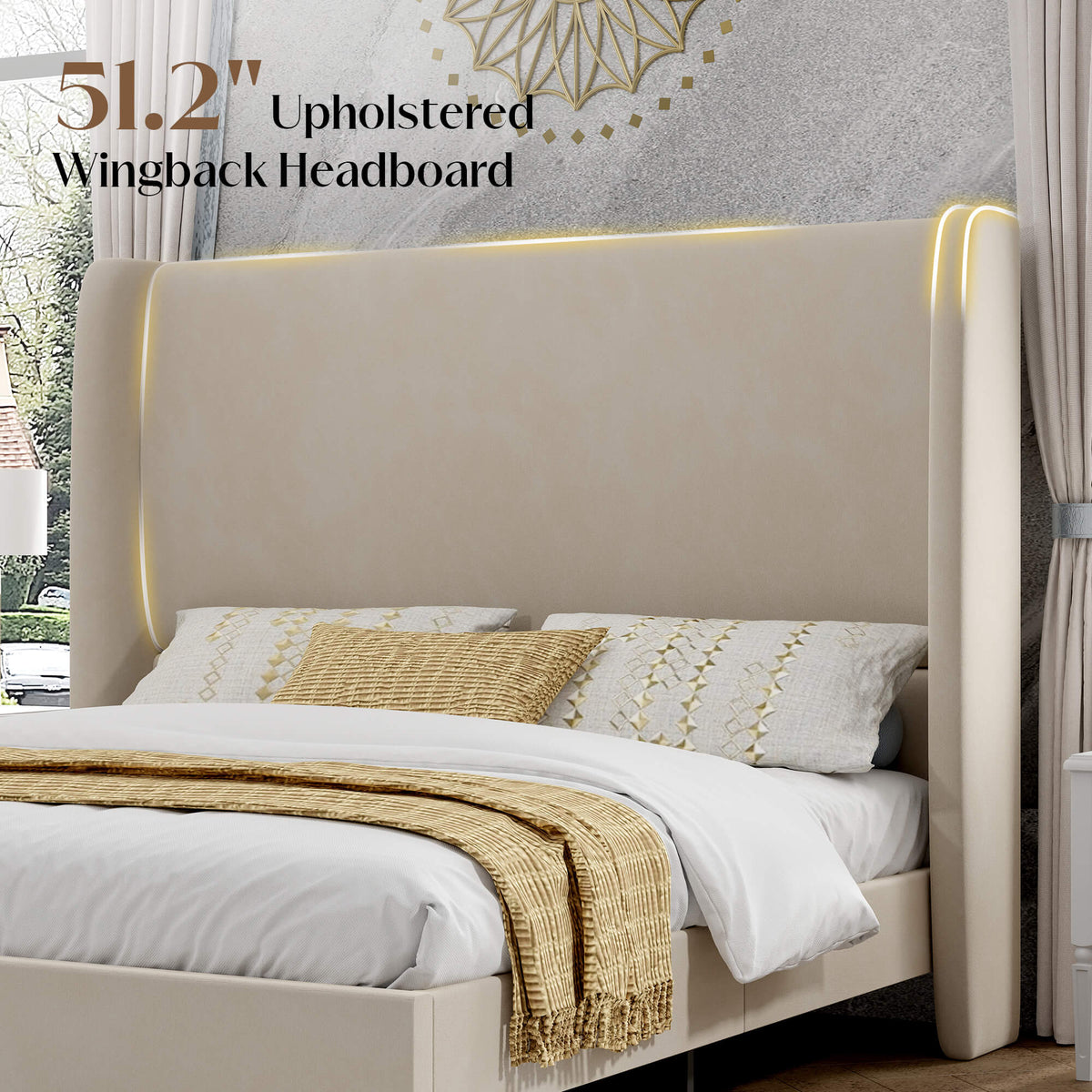 Lanner Bed Frame with Velvet Headboard Amerlife Off-white