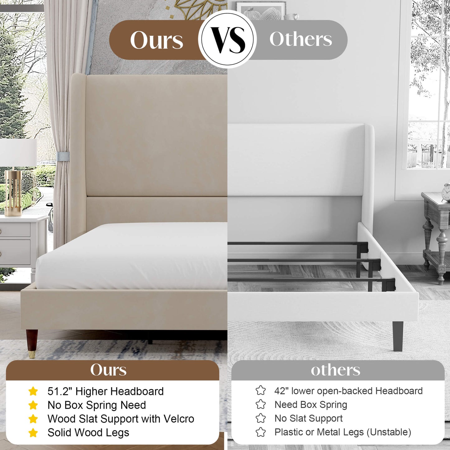 Lanner Bed Frame with Velvet Headboard Amerlife Off-white