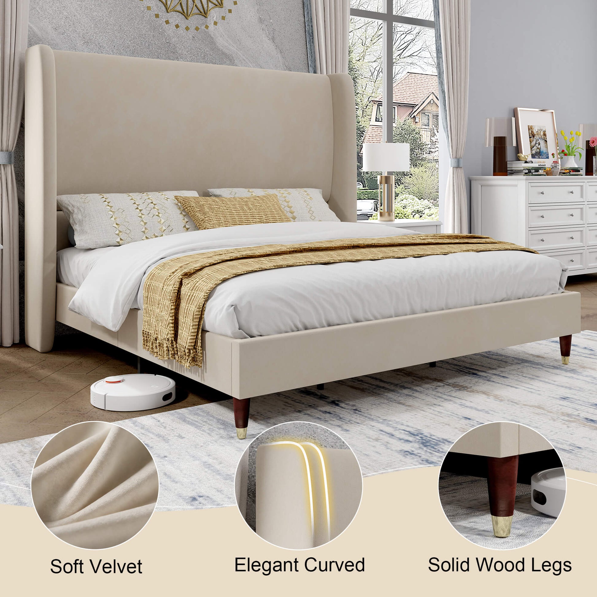 Lanner Bed Frame with Velvet Headboard Amerlife Off-white