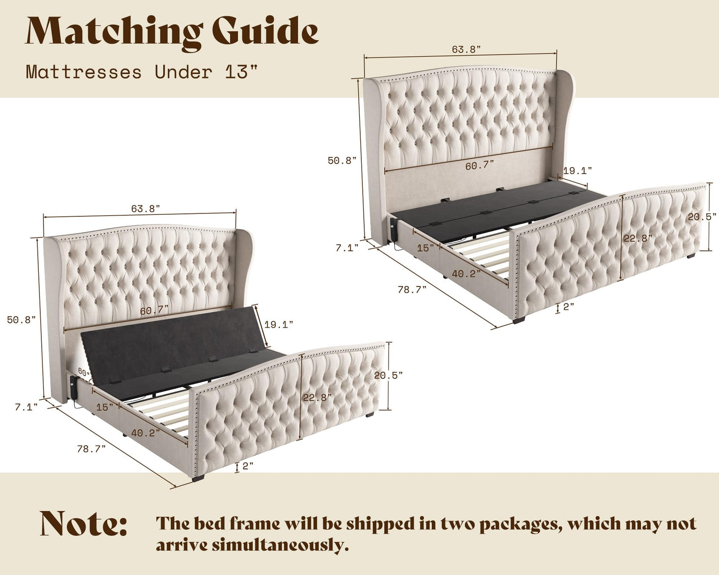 Astoria 51"H Adjustable Bed Frame Amerlife Queen / Cream