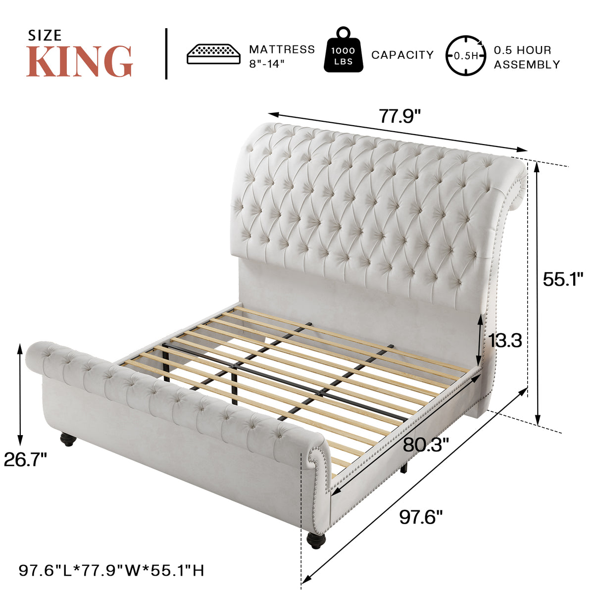 Windsor Sleigh Bed Frame Amerlife-K White
