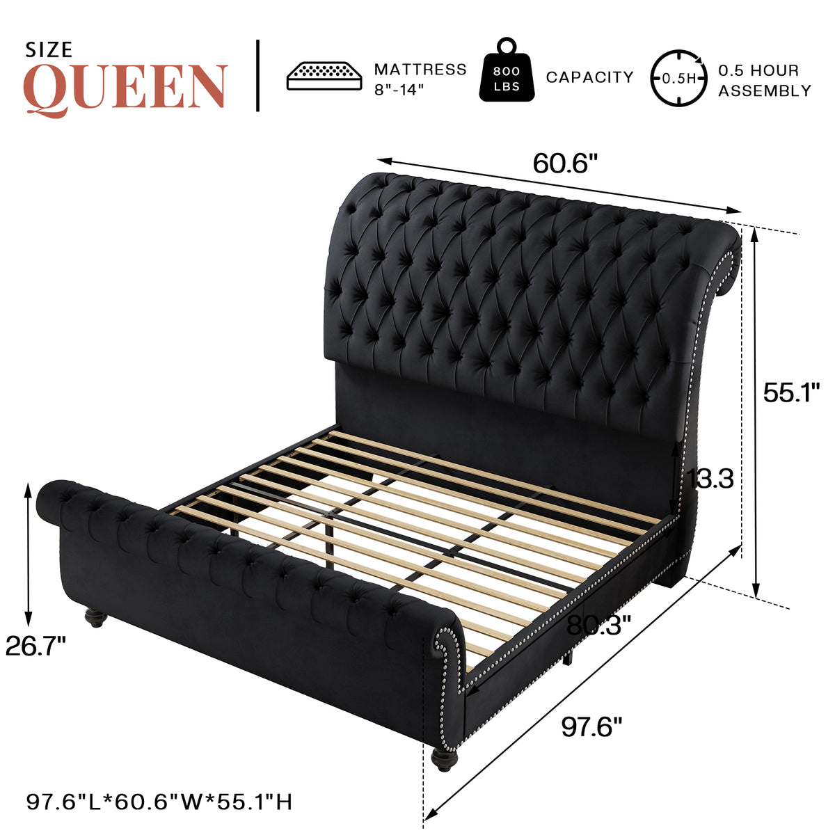 Windsor Sleigh Bed Frame Amerlife-Q Black