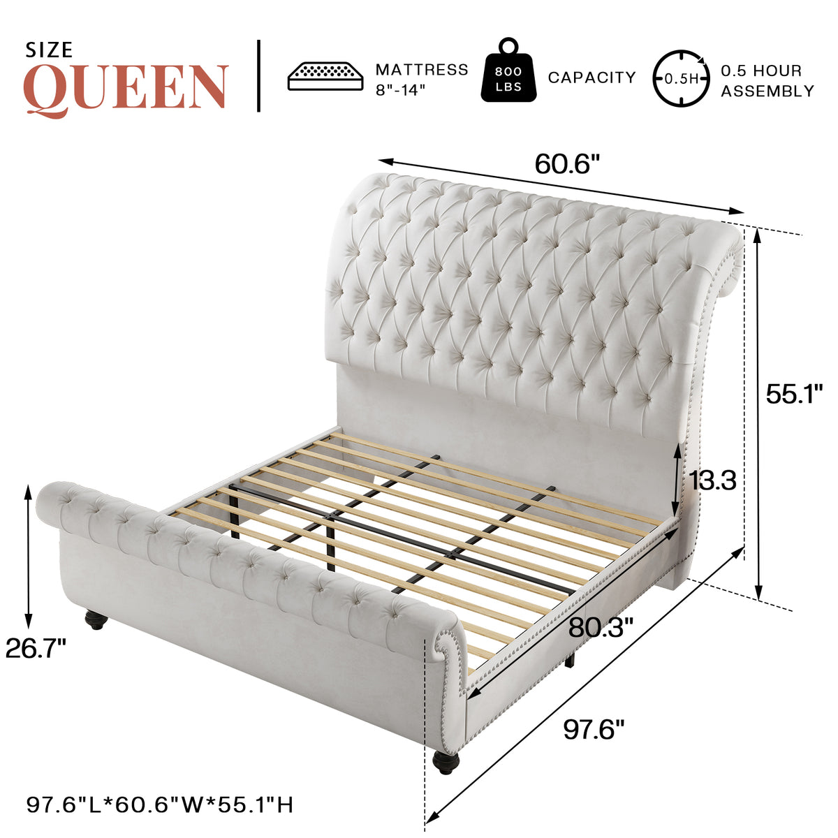 Windsor Sleigh Bed Frame Amerlife-Q White