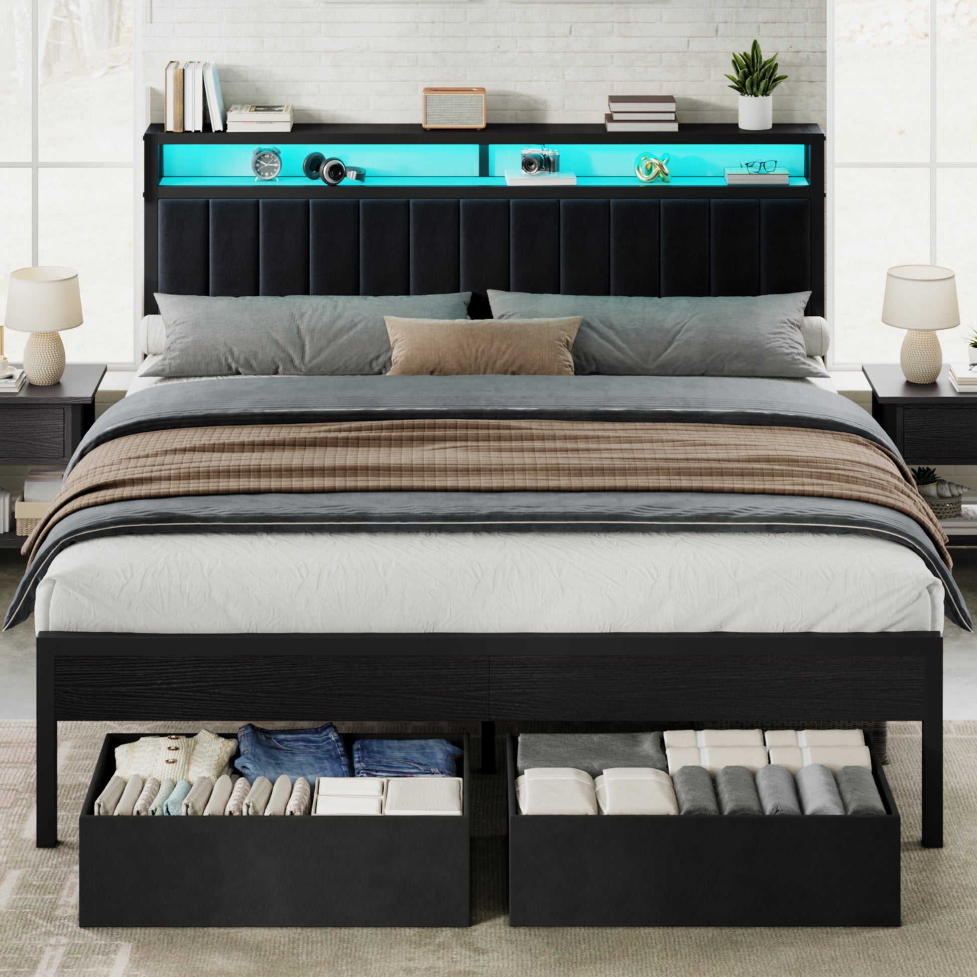 Veltrix LED Storage Velvet Bed Frame Amerlife King / Black
