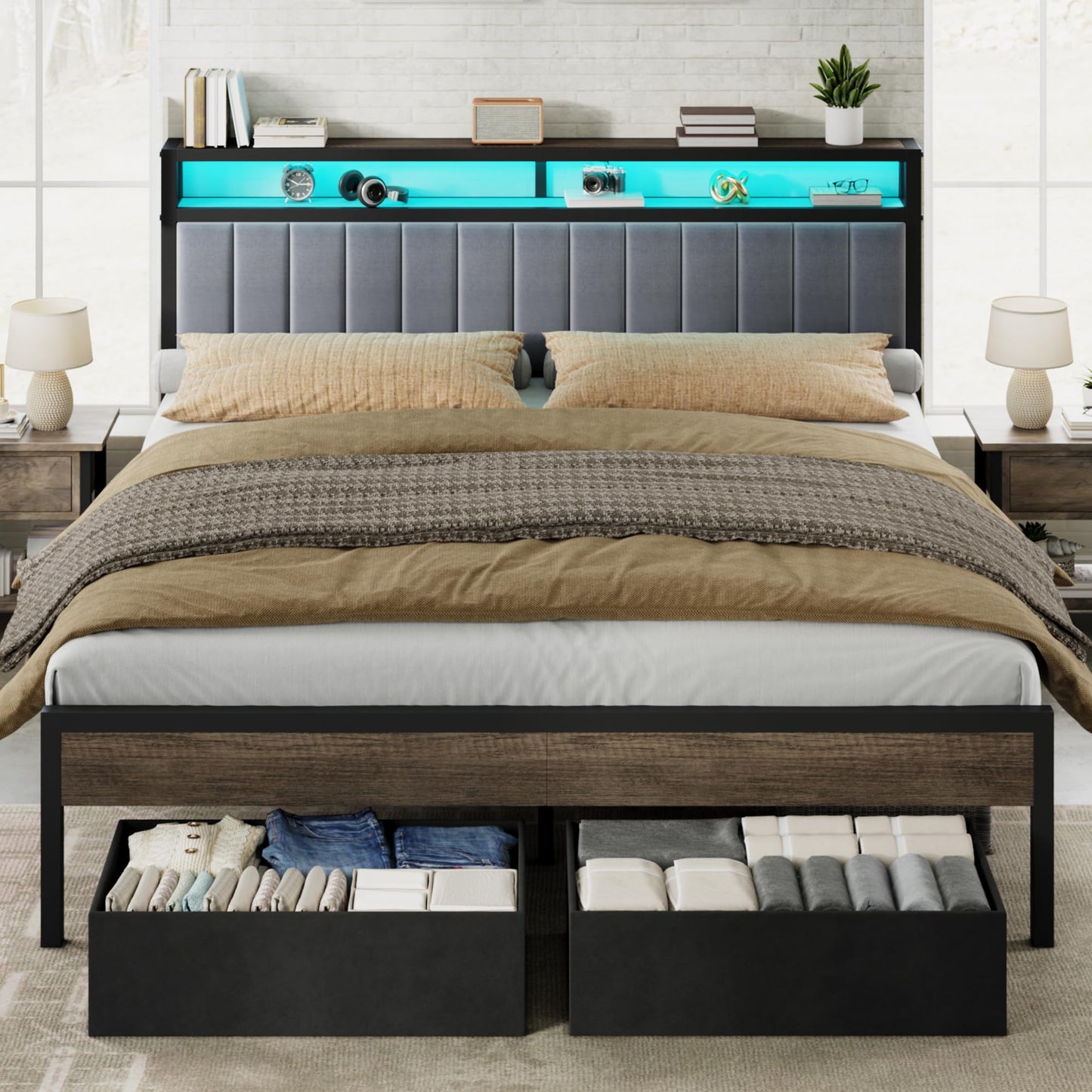 Veltrix LED Storage Velvet Bed Frame Amerlife King / Grey