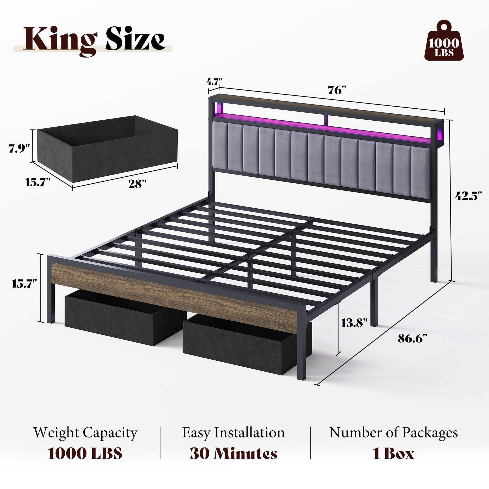 Veltrix LED Storage Velvet Bed Frame Amerlife  King / Grey