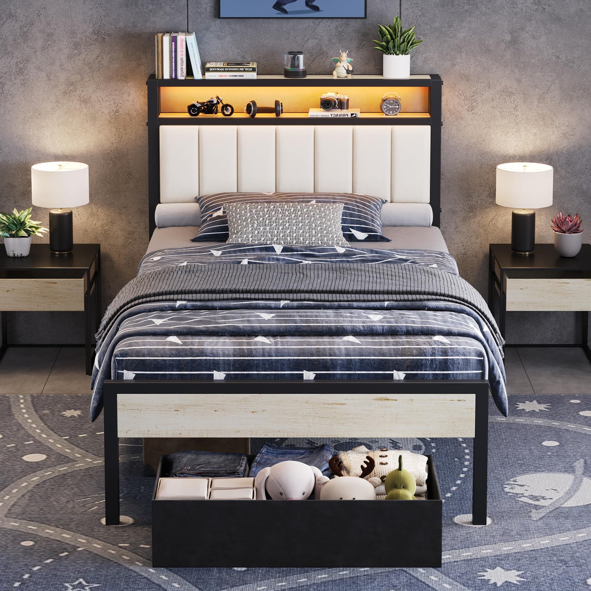 Veltrix LED Storage Velvet Bed Frame Amerlife Twin / White
