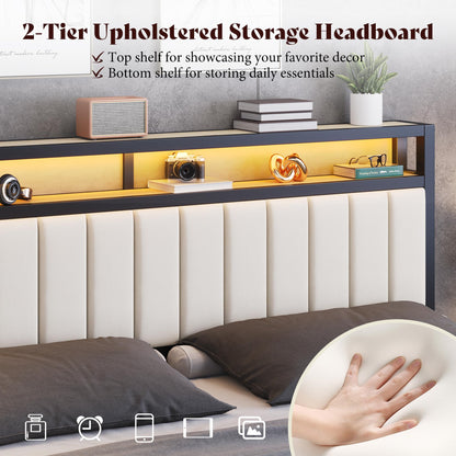 Veltrix LED Storage Velvet Bed Frame Amerlife King / White