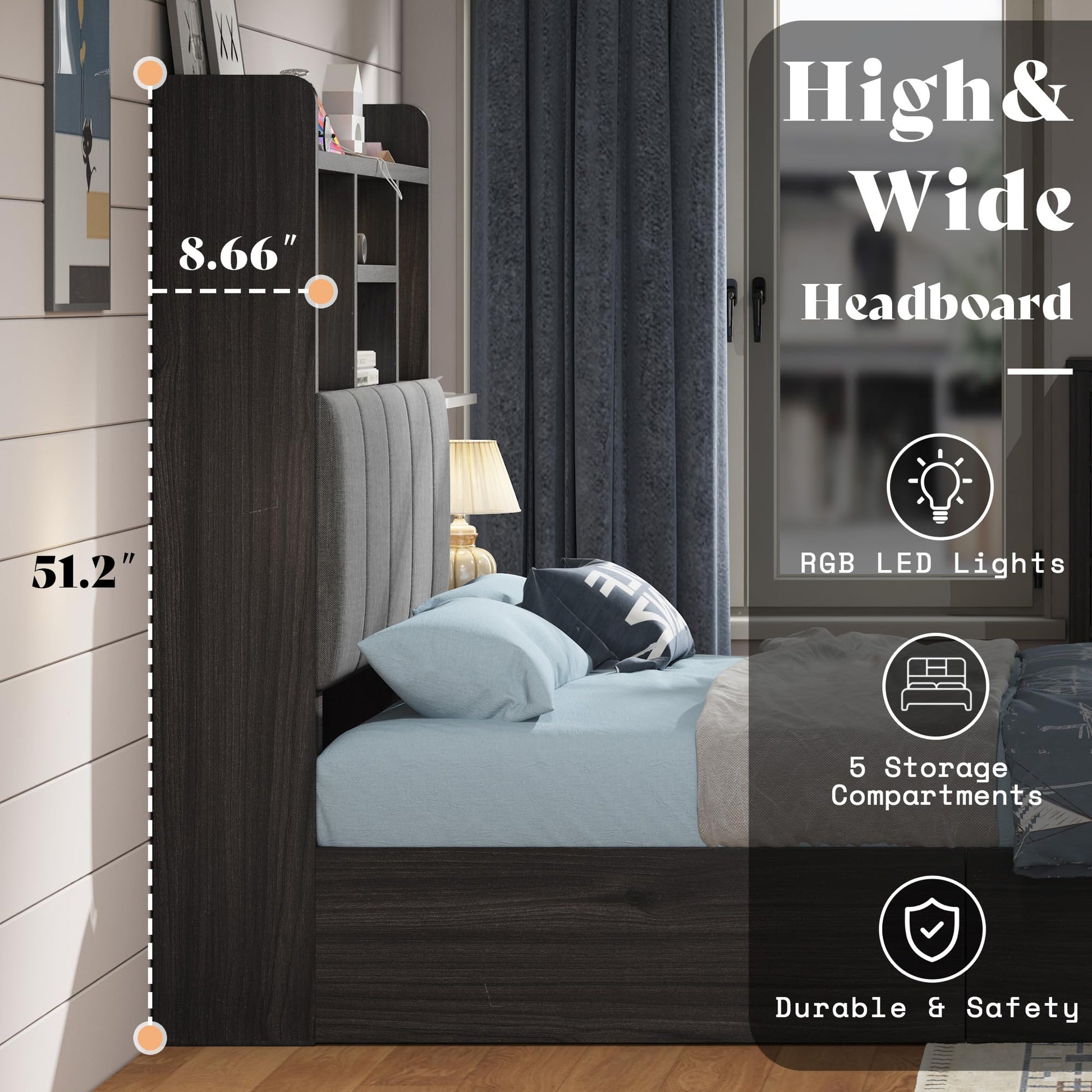 Radcliffe LED Storage Bed Frame - Twin / Rustic Black