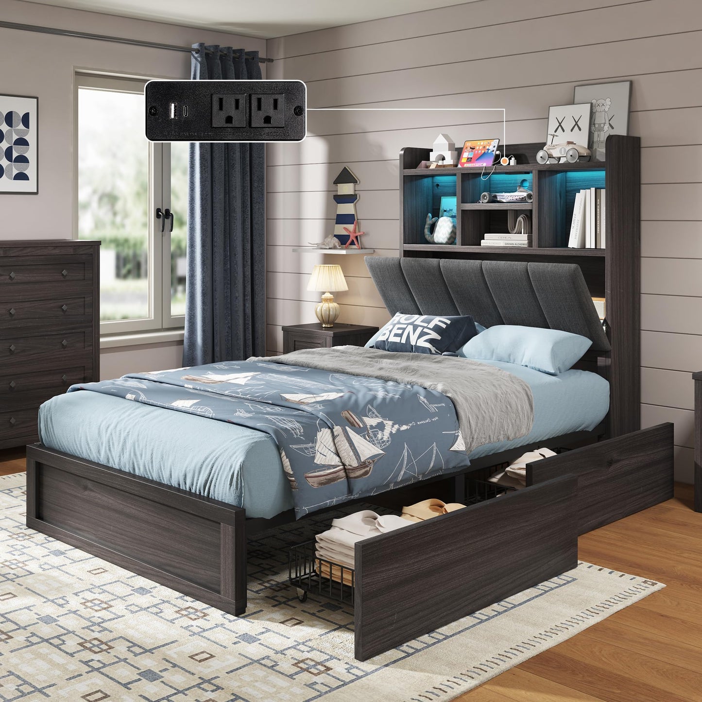 Radcliffe LED Storage Bed Frame - Twin / Rustic Black