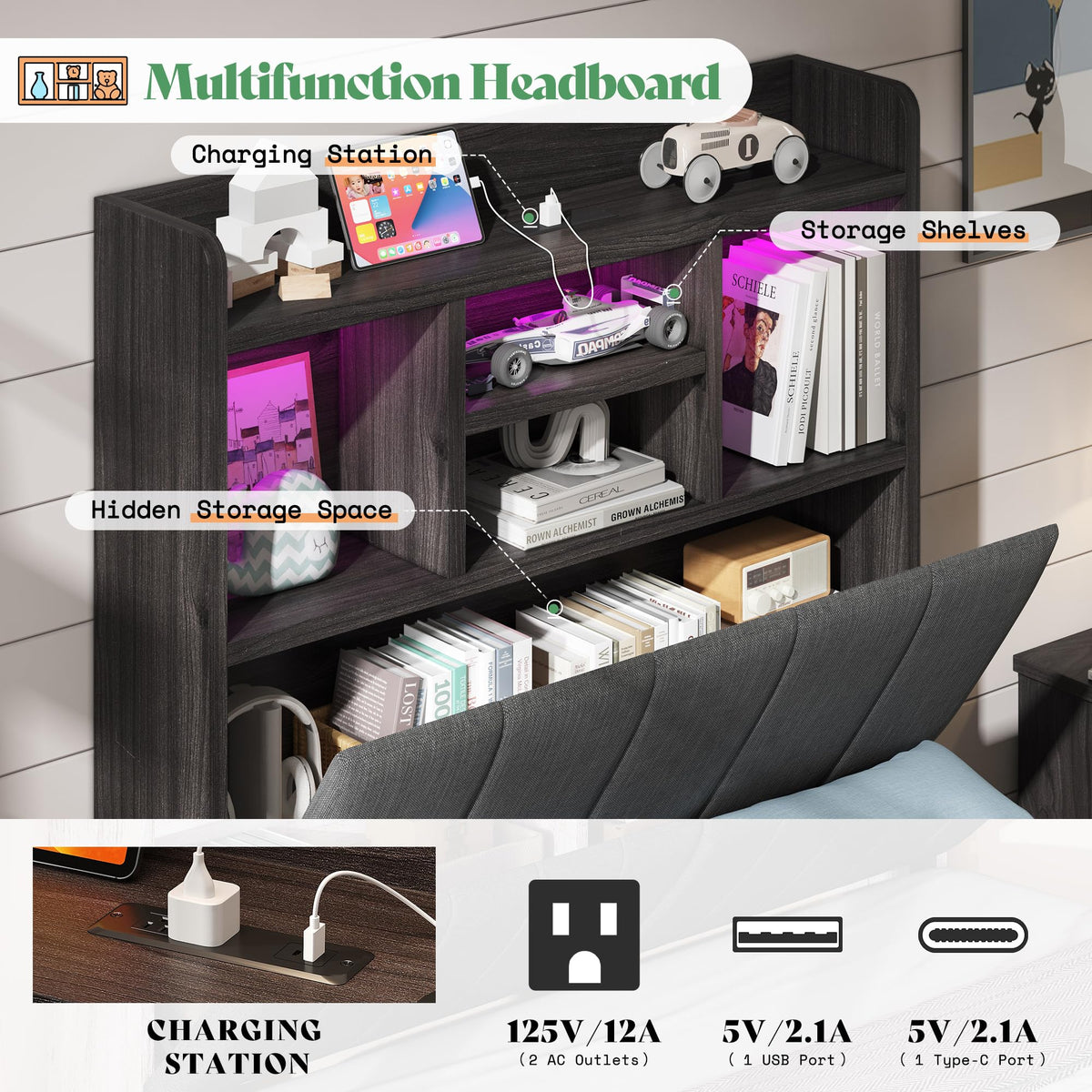 Radcliffe LED Storage Bed Frame - Twin / Rustic Black