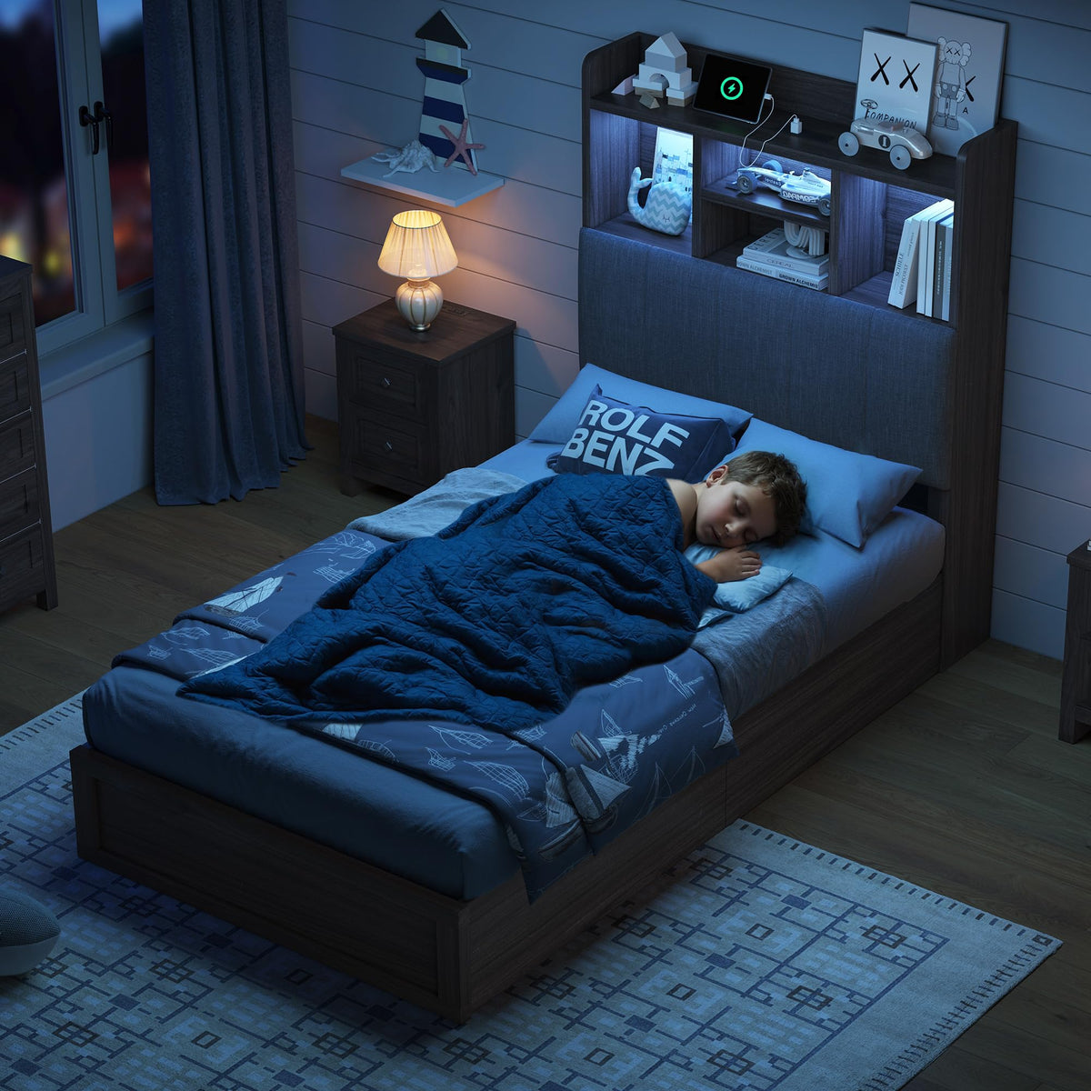 Radcliffe LED Storage Bed Frame - Twin / Rustic White