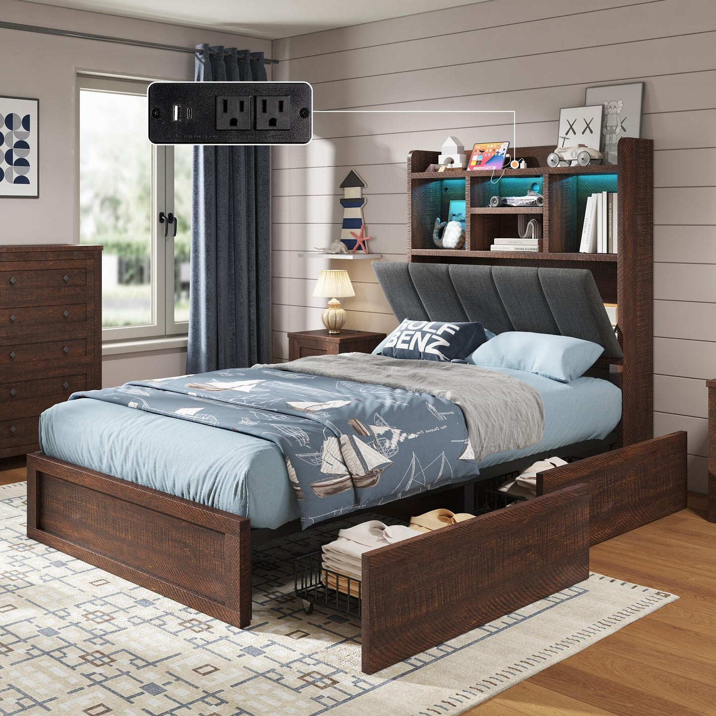 Radcliffe LED Storage Bed Frame - Twin / Rustic Brown