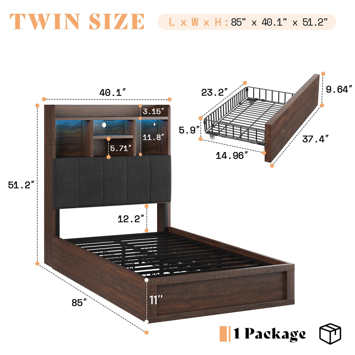 Radcliffe LED Storage Bed Frame - Twin / Rustic Brown