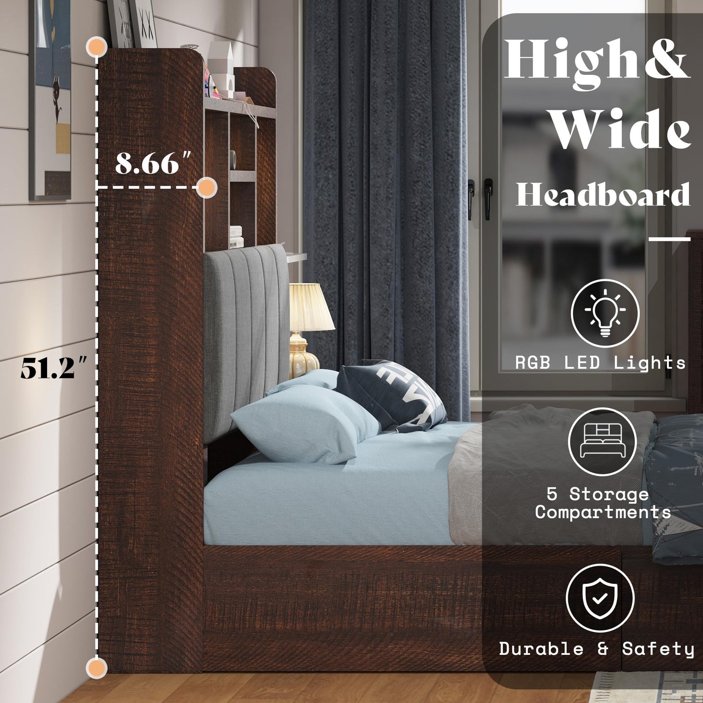 Radcliffe LED Storage Bed Frame - Twin / Rustic Brown