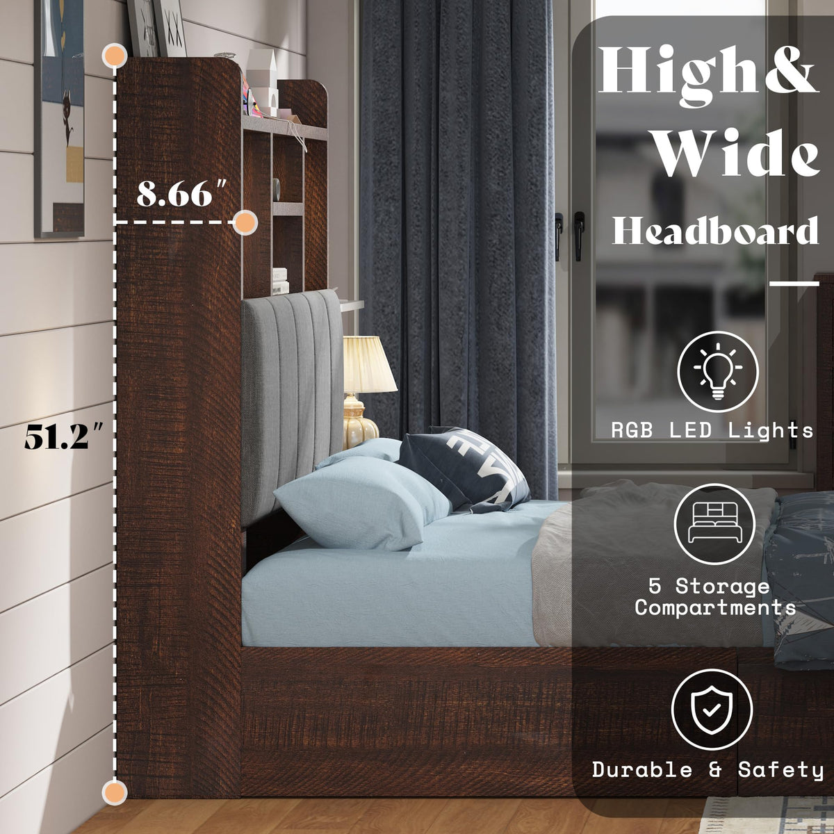 Radcliffe LED Storage Bed Frame - Twin / Rustic Brown