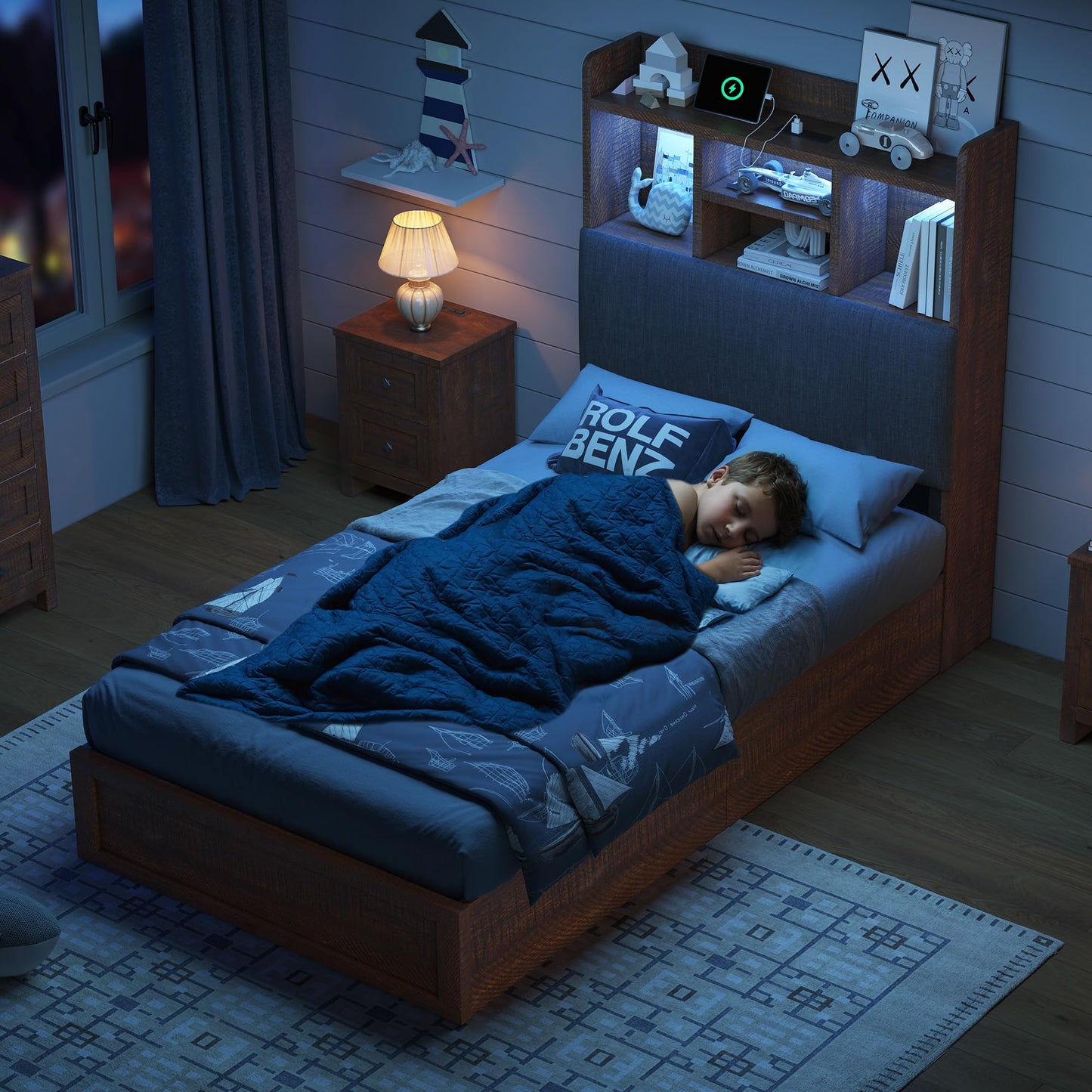 Radcliffe LED Storage Bed Frame - Twin / Rustic Brown