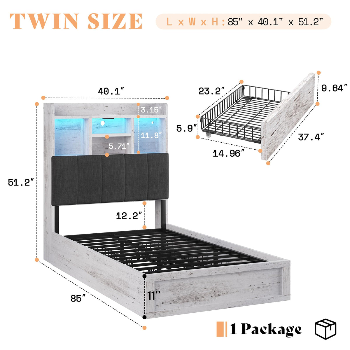 Radcliffe LED Storage Bed Frame - Twin / Rustic White