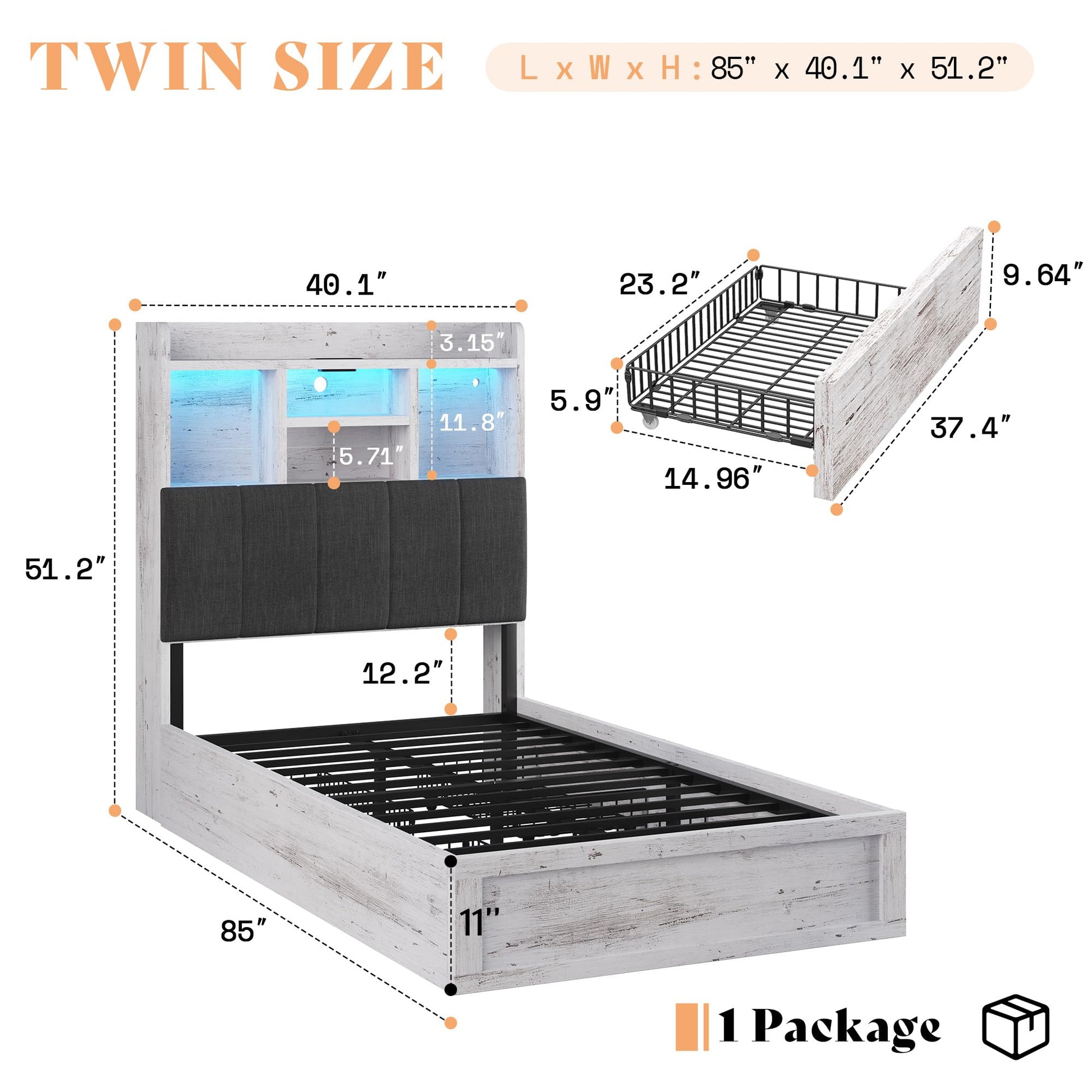 Radcliffe LED Storage Bed Frame - Twin / Rustic White