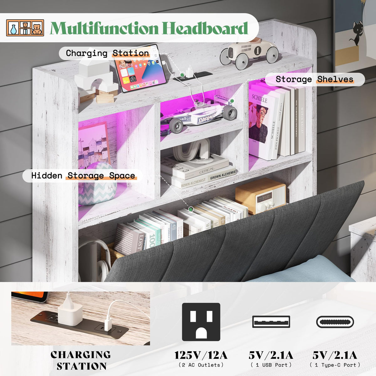 Radcliffe LED Storage Bed Frame - Twin / Rustic White