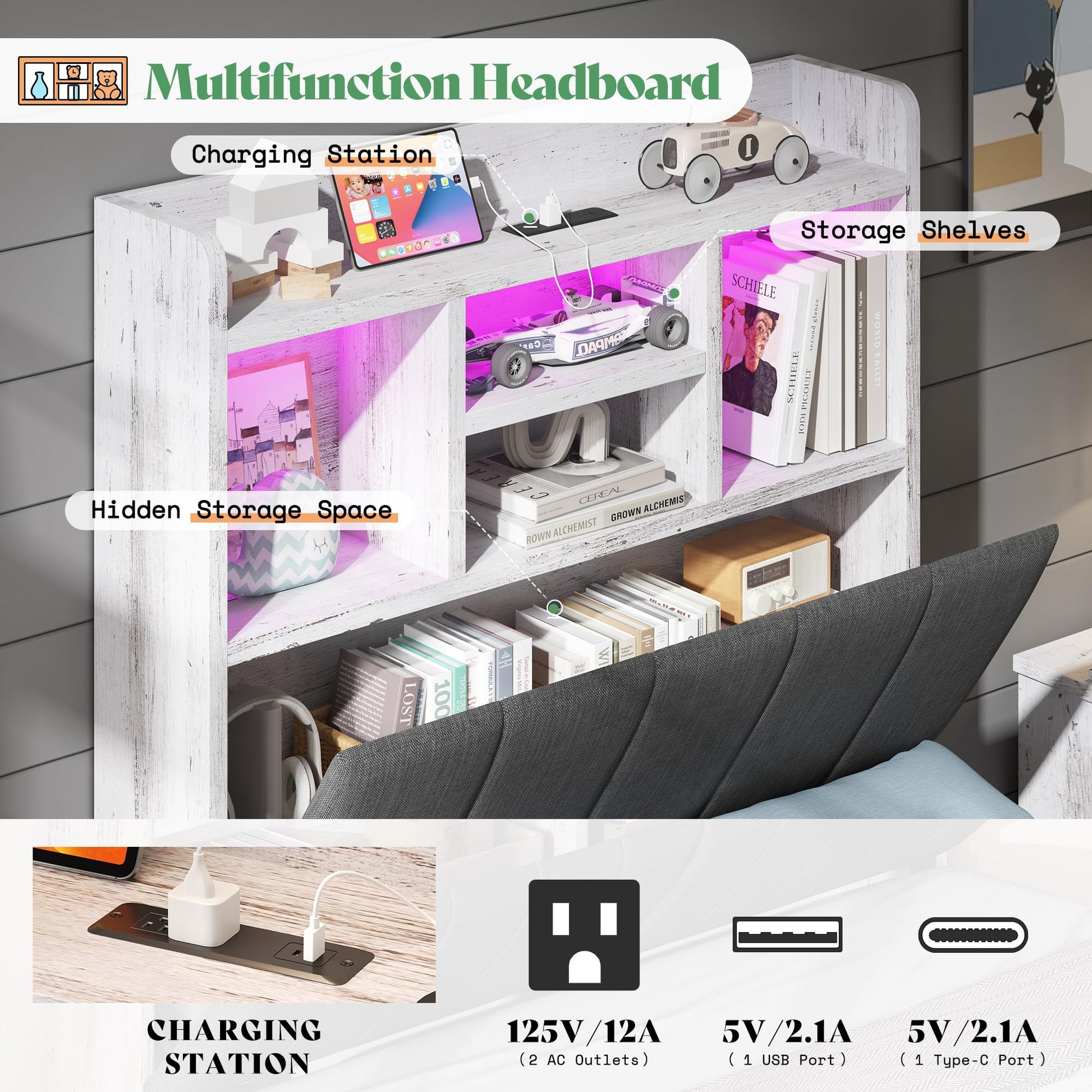 Radcliffe LED Storage Bed Frame - Twin / Rustic White