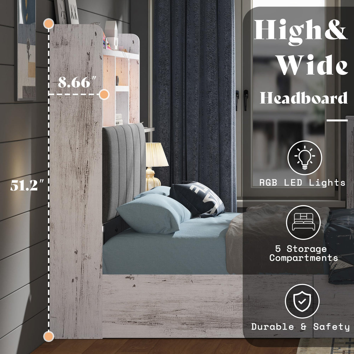 Radcliffe LED Storage Bed Frame - Twin / Rustic White