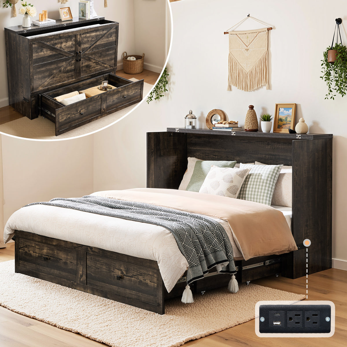 Colton Foldable Murphy Bed Amerlife Queen / Black Oak
