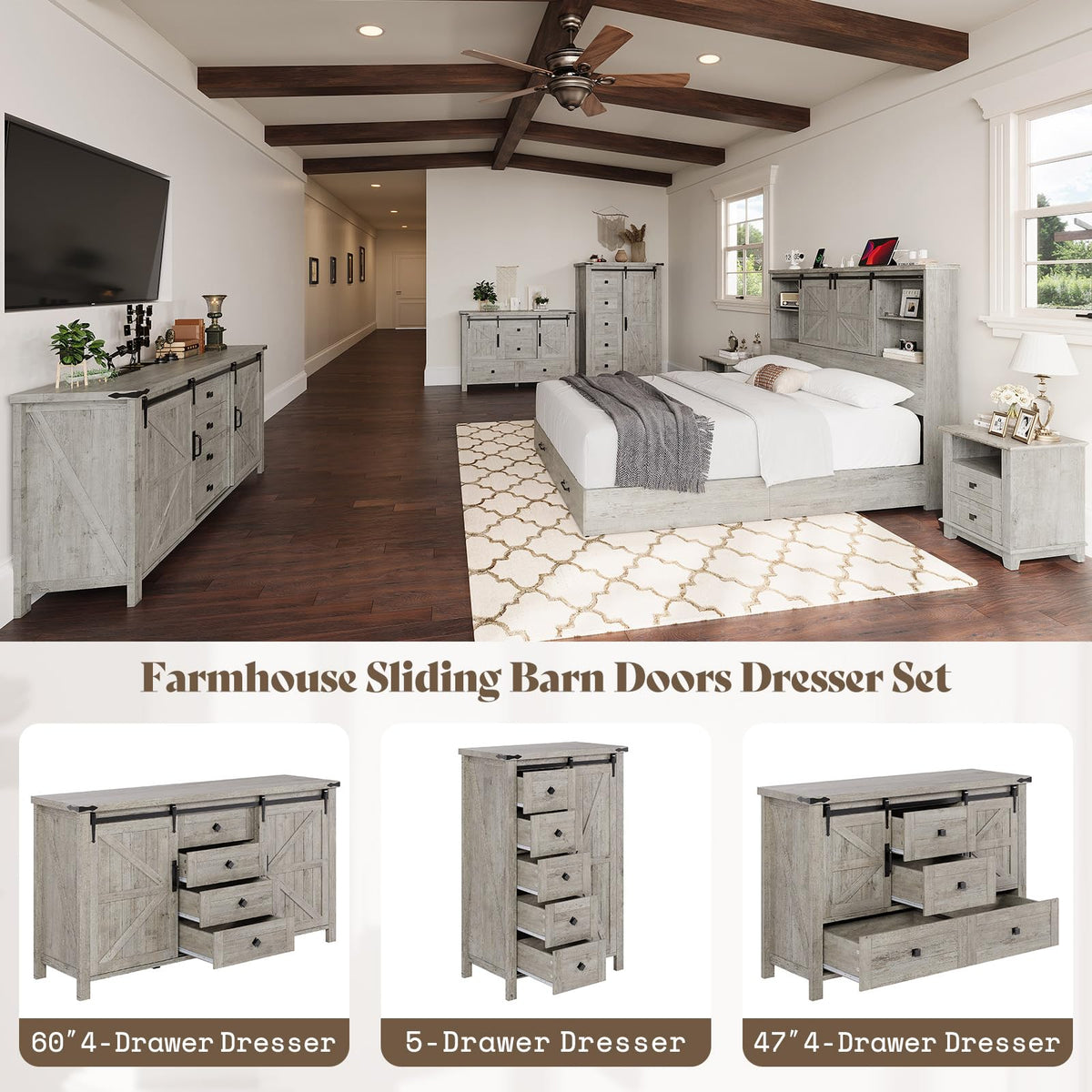 Alderman Farmhouse Storage Bedroom Set Amerlife Light Rustic Oak