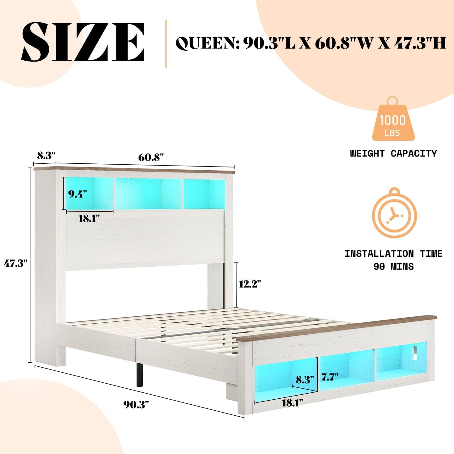 Larkin LED Storage Bed Set Amerlife White / Queen