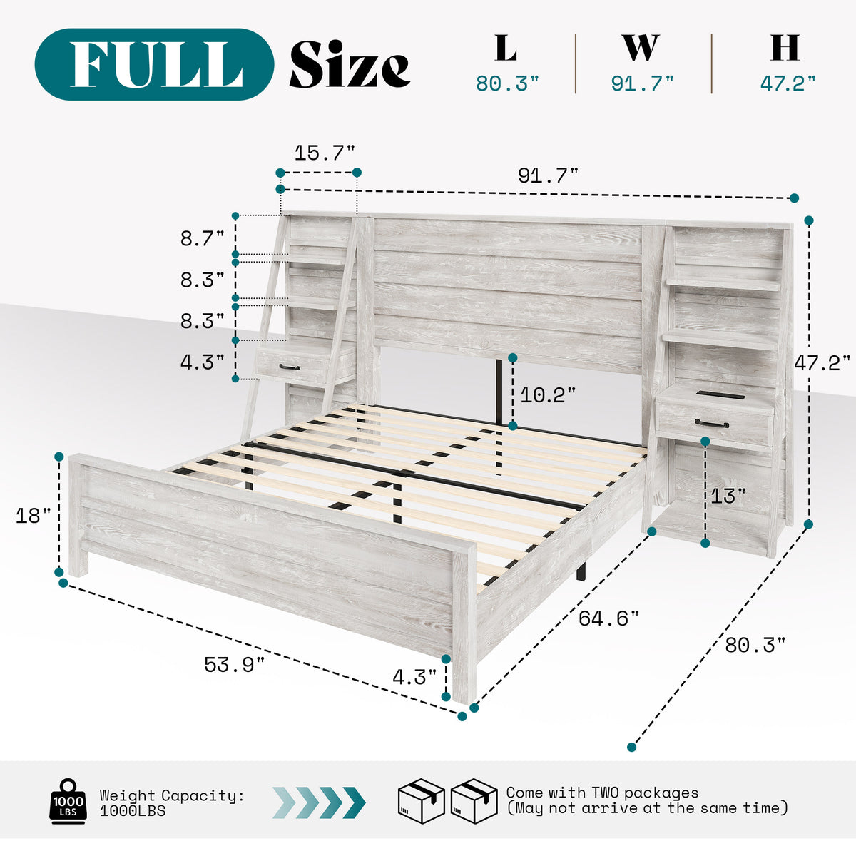 Tier Bed Frame with Bookshelves Amerlife Full / White