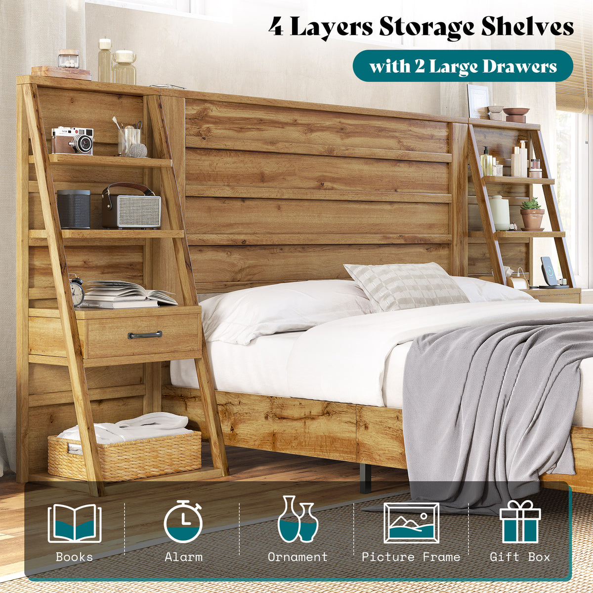 Tier Bed Frame with Bookshelves Amerlife Full / Brown