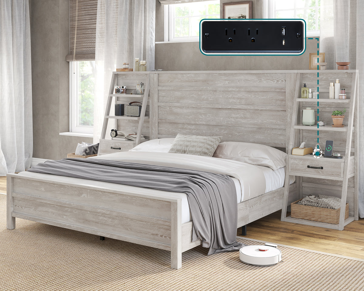 Tier Bed Frame with Bookshelves Amerlife King / White