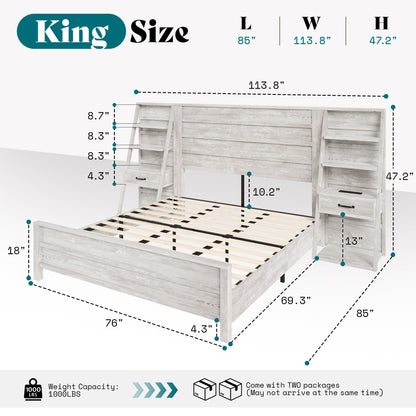 Tier Bed Frame with Bookshelves Amerlife King / White