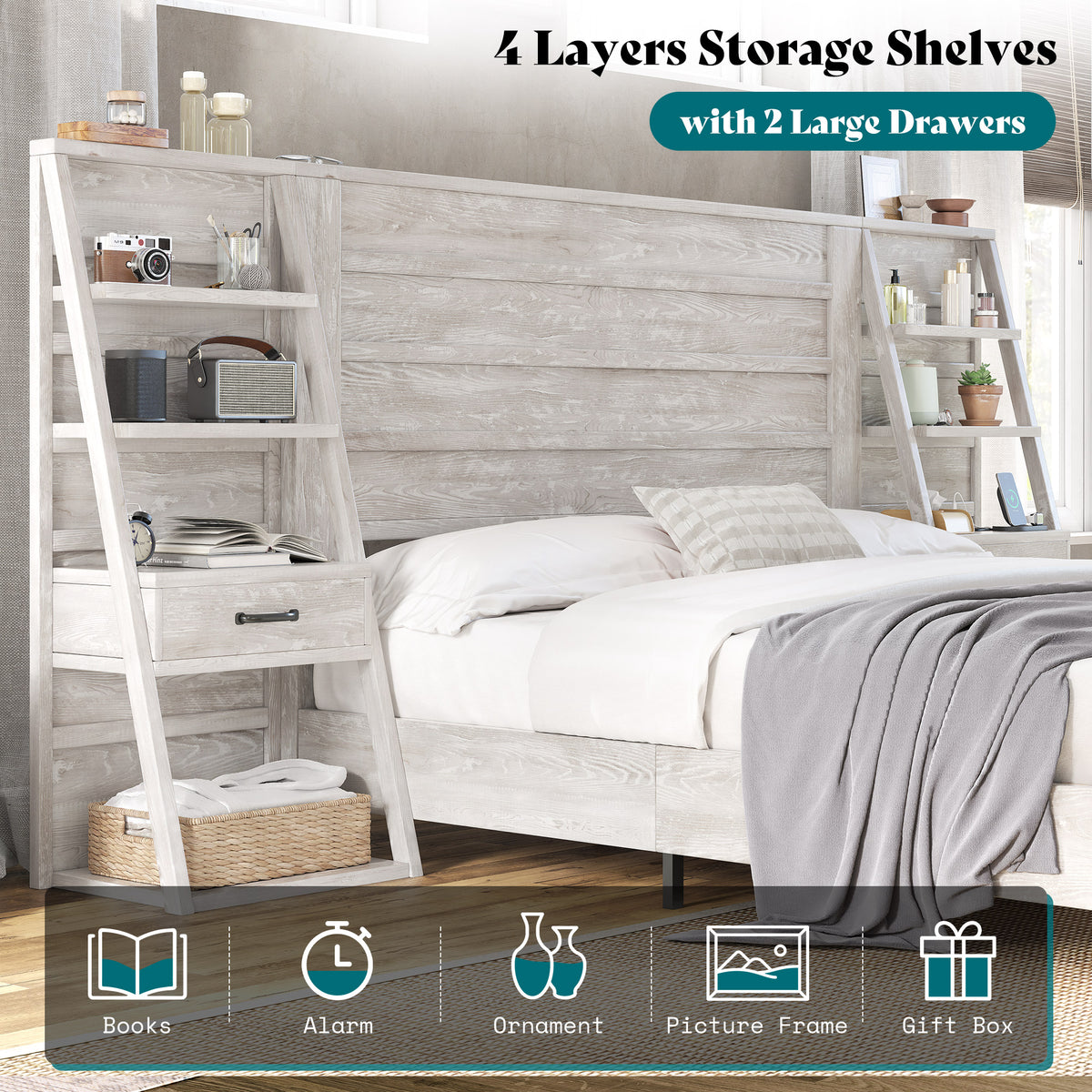 Tier Bed Frame with Bookshelves Amerlife King / White