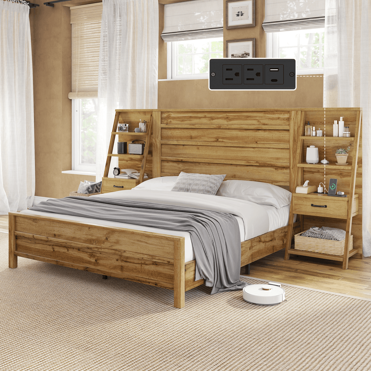 Tier Bed Frame with Bookshelves - KING/BROWN