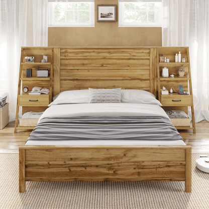 Tier Bed Frame with Bookshelves - KING/BROWN