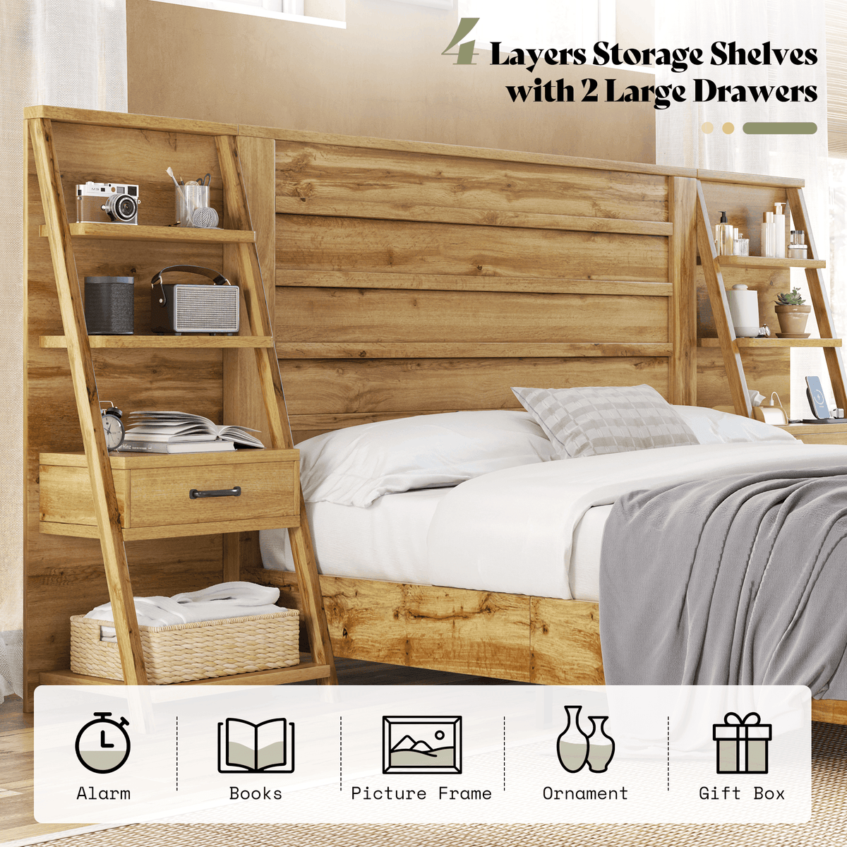 Tier Bed Frame with Bookshelves - KING/BROWN