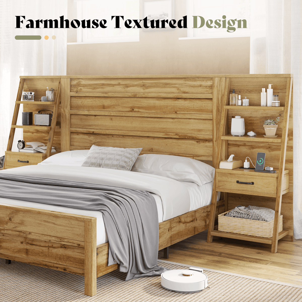 Tier Bed Frame with Bookshelves - KING/BROWN