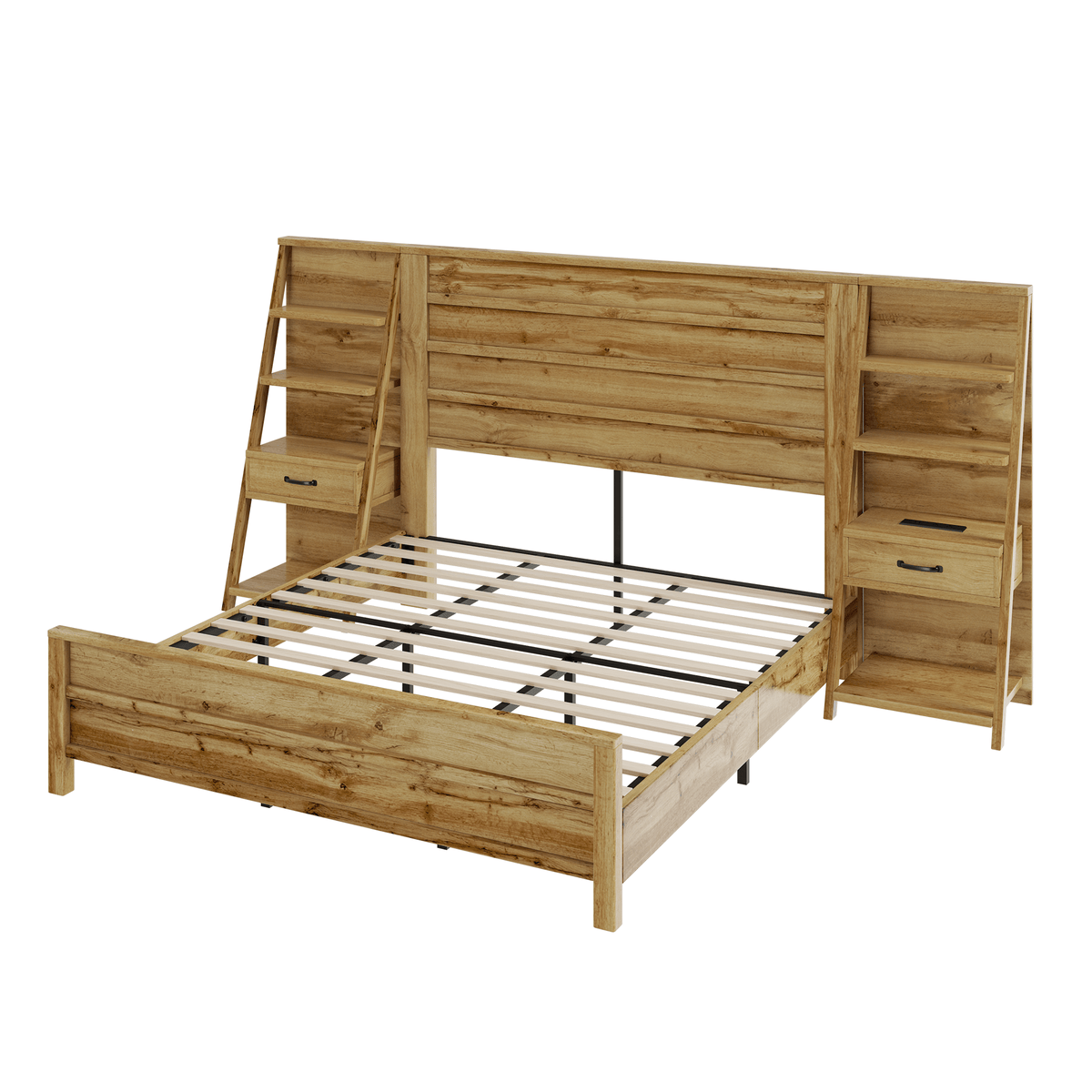 Tier Bed Frame with Bookshelves - KING/BROWN
