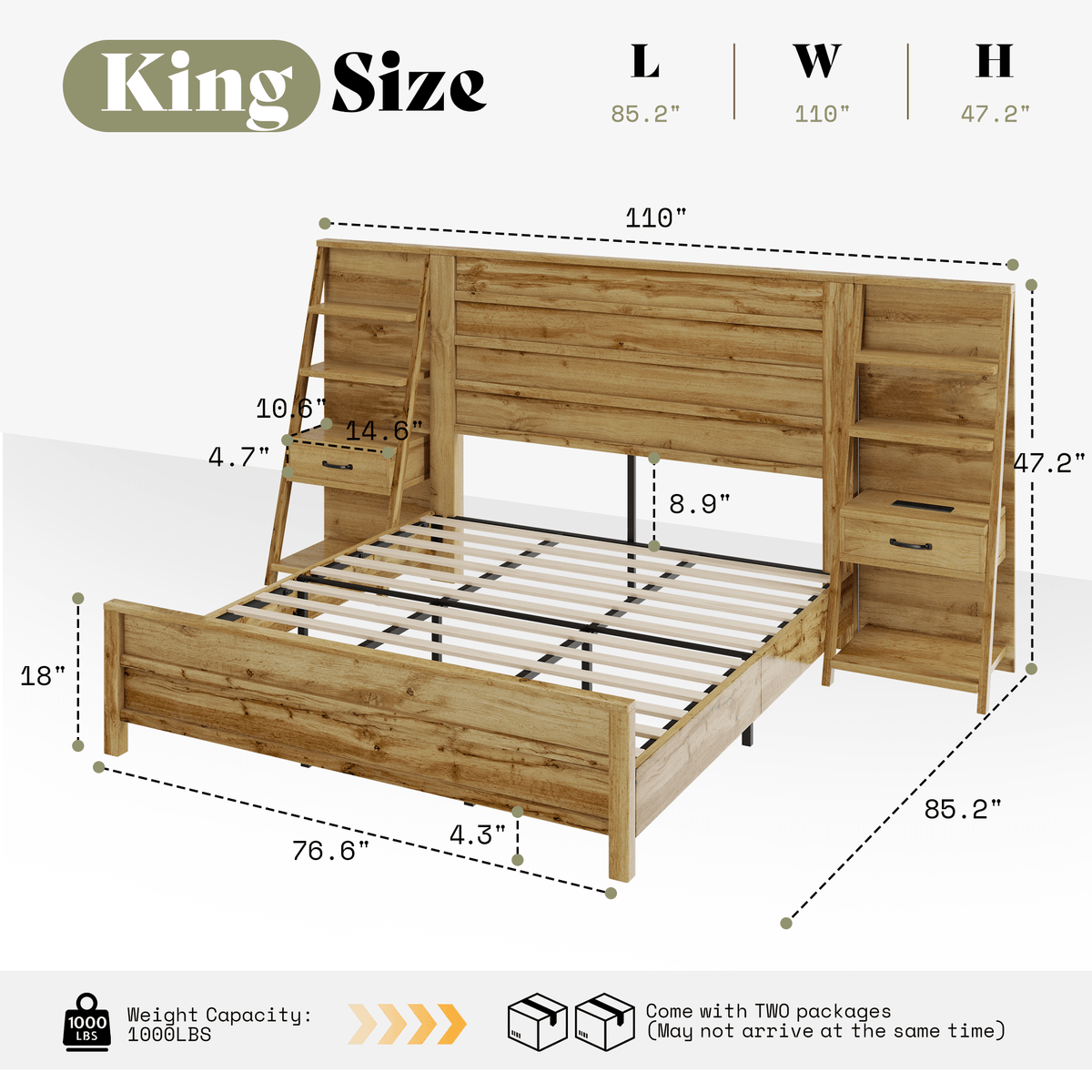 Tier Bed Frame with Bookshelves - KING/BROWN