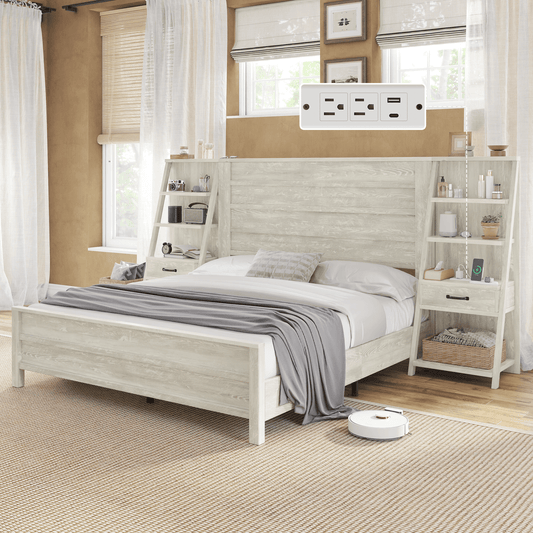 Tier Bed Frame with Bookshelves - KING/WHITE
