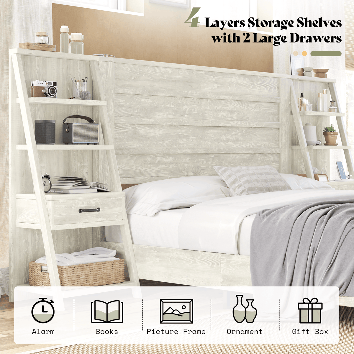 Tier Bed Frame with Bookshelves - KING/WHITE