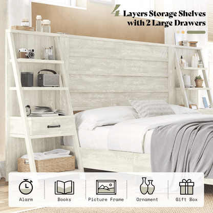 Tier Bed Frame with Bookshelves - KING/WHITE