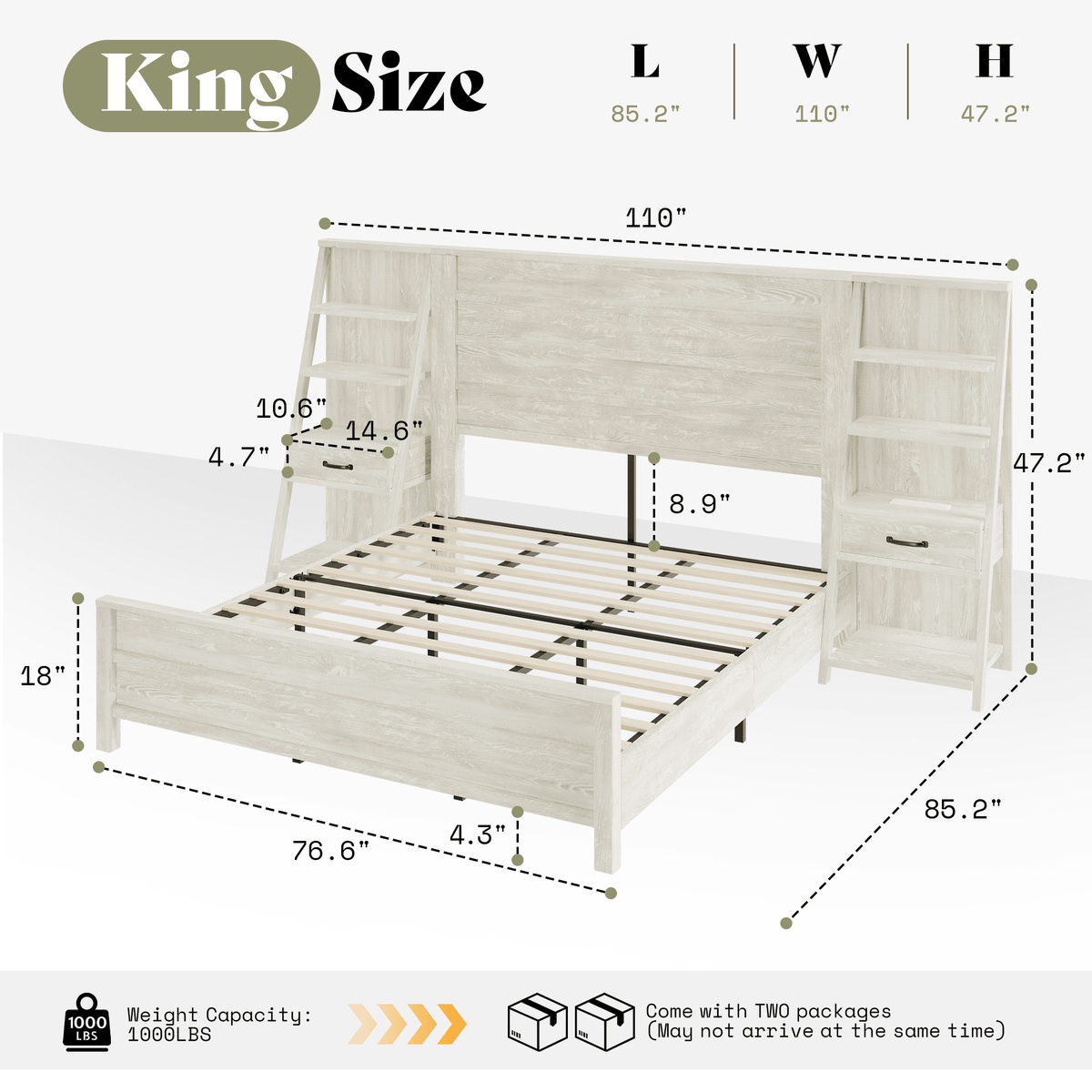 Tier Bed Frame with Bookshelves - KING/WHITE