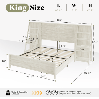 Tier Bed Frame with Bookshelves - KING/WHITE