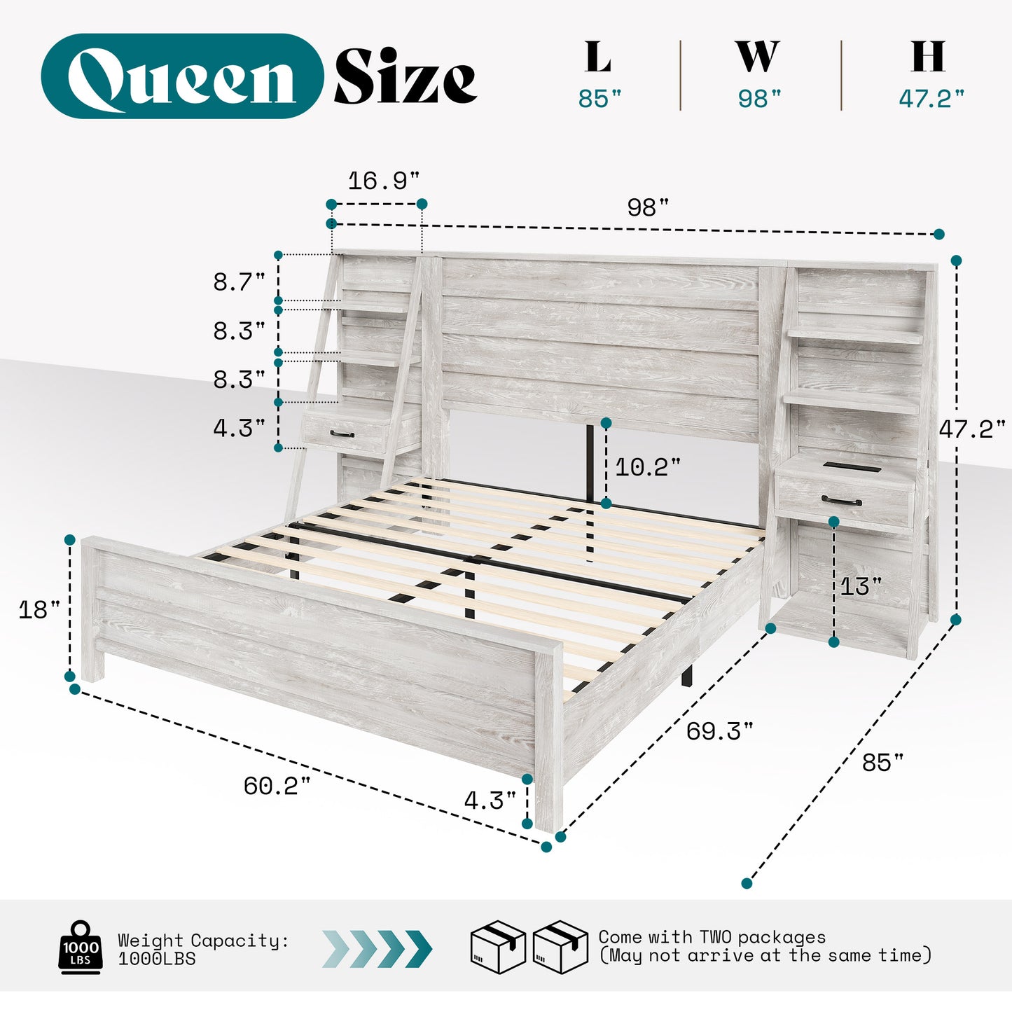Tier Bed Frame with Bookshelves Amerlife Queen / White
