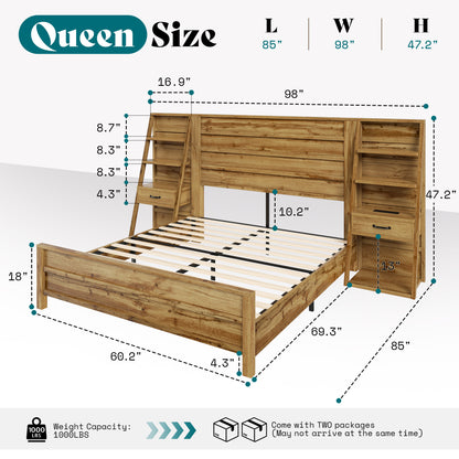 Tier Bed Frame with Bookshelves Amerlife Queen / Brown