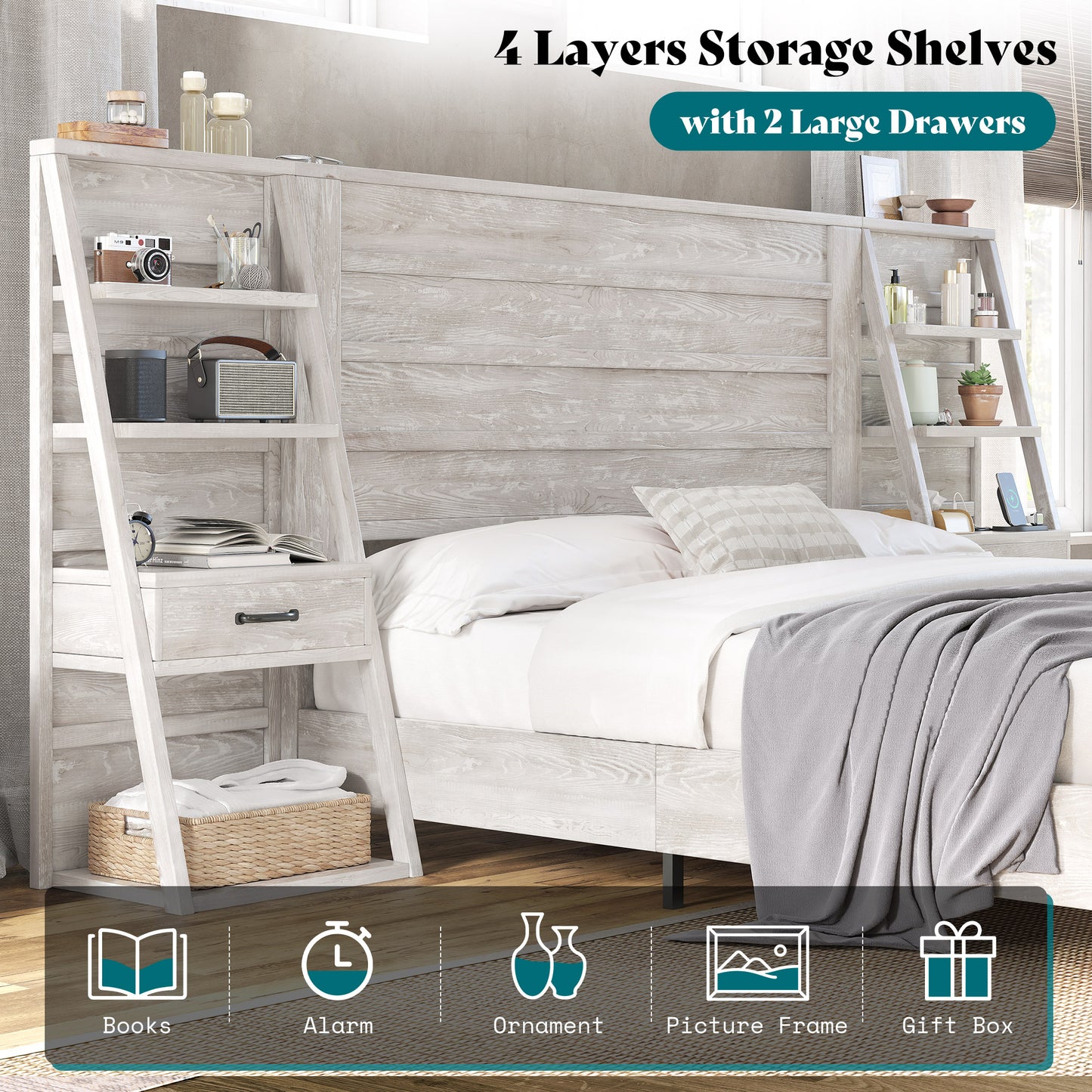Tier Bed Frame with Bookshelves Amerlife Queen / White