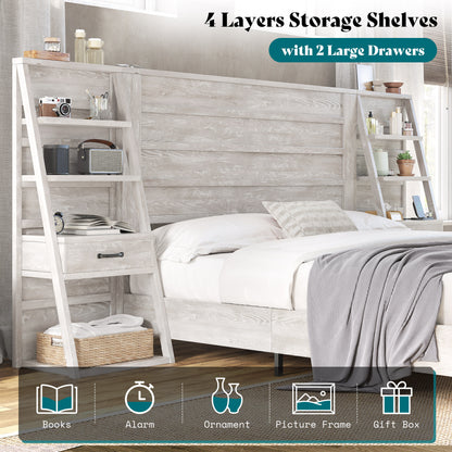 Tier Bed Frame with Bookshelves Amerlife Queen / White