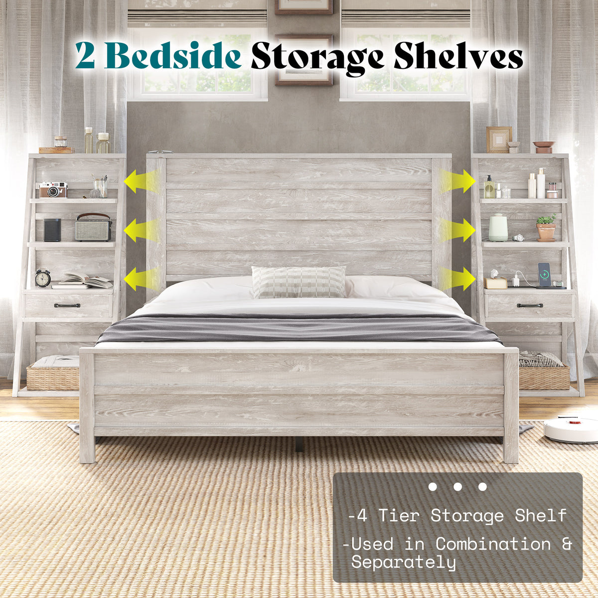 Tier Bed Frame with Bookshelves Amerlife King / White